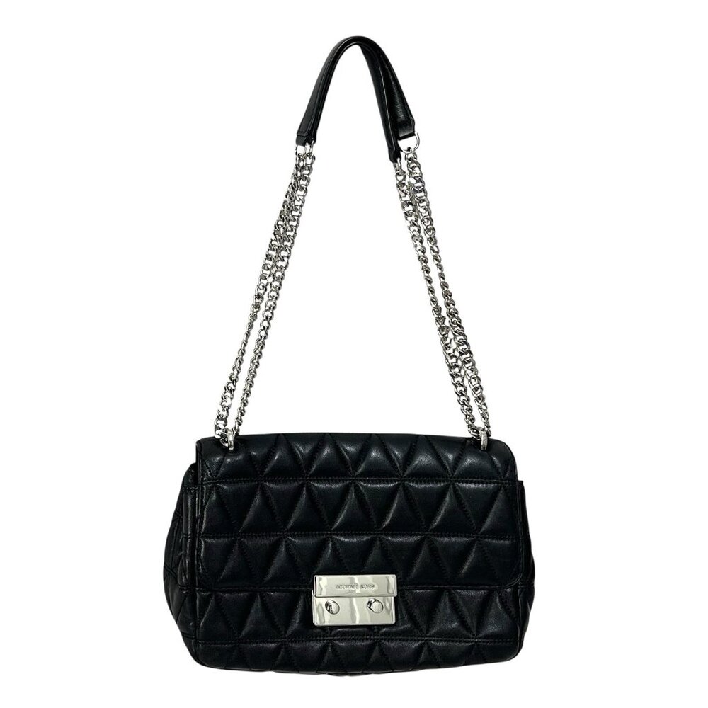 Michael Kors Sloan Large Black Leather Silver Chain Shoulder Bag 6.75" x 11"